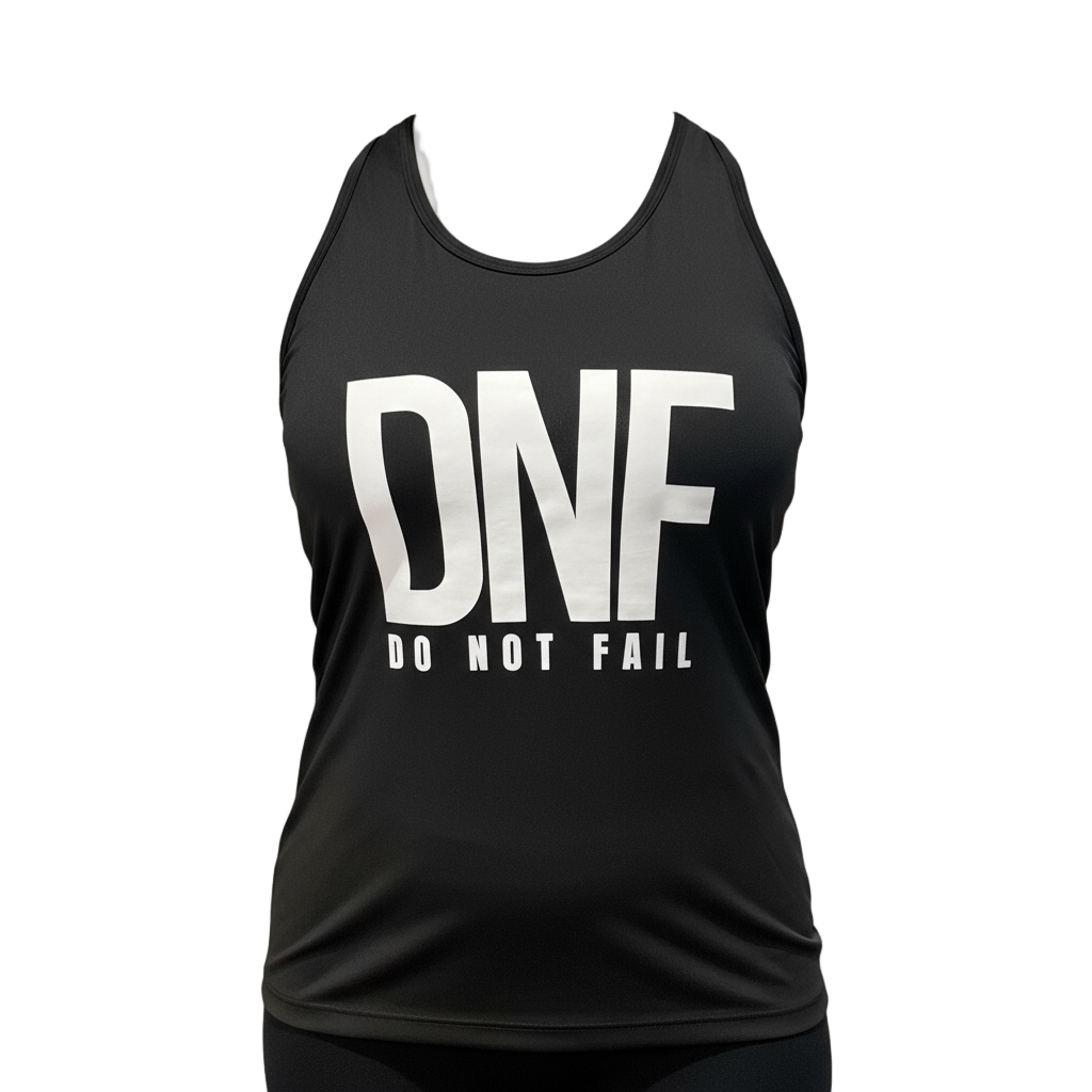 Black tank top with 'DNF Do Not Fail' text on a gray background
